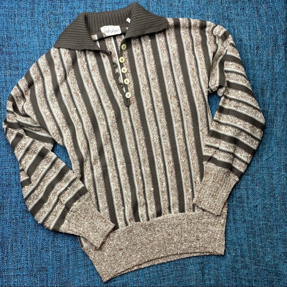 Vintage Lord & Taylor Collared 1/2 Button Brown Striped Sweater Made in Italy